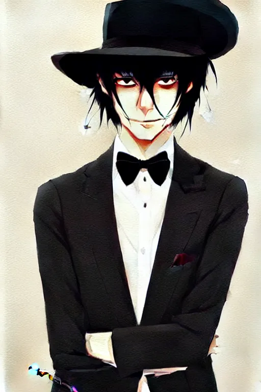 Prompt: a ultradetailed beautiful painting of kiriyama renn wearing a black bowler hat and a suit, he has black hair with bangs, by conrad roset, greg rutkowski and makoto shinkai trending on artstation