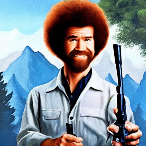 Image similar to Bob Ross holding a gun pointed at you