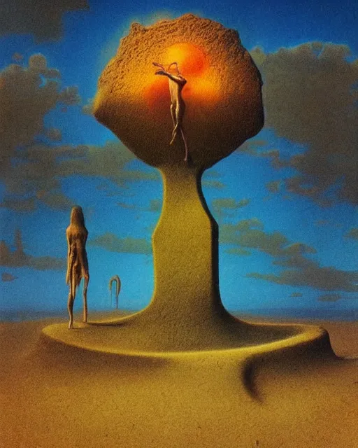 Image similar to surrealist pagan monument in the desert, strange surrealism, clean, in the style of surrealism by surrealistic beksinski dali, very bright colors