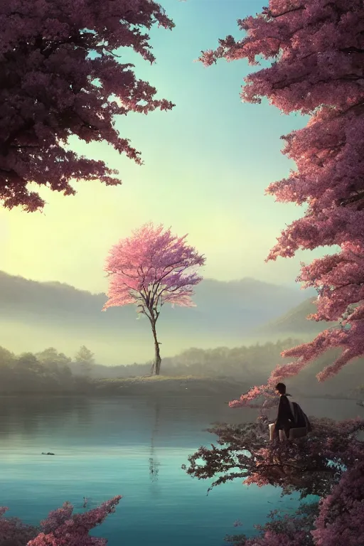 Image similar to a distant sakura tree on a lake, viewed from afar, stephen bliss, misty, unreal engine, fantasy art by greg rutkowski, loish, rhads, ferdinand knab, makoto shinkai and lois van baarle, ilya kuvshinov, rossdraws, tom bagshaw, global illumination, radiant light, minimalist, illustration, detailed and intricate environment