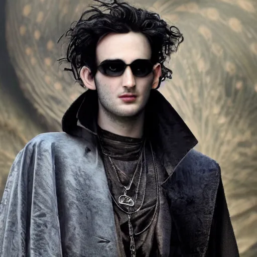 Prompt: portrait of the sandman morpheus ， no beard tom sturridge, and eyes like stars, rules dream world, with dream kingdom in the background,, wearing dark cloak