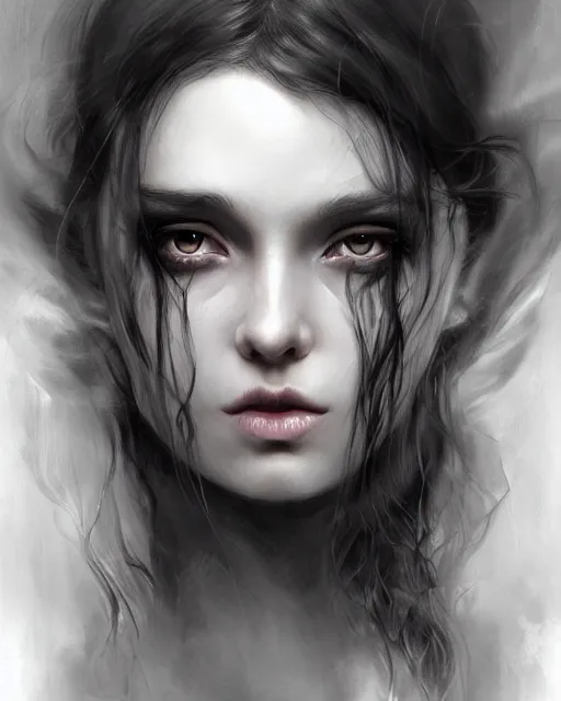 Prompt: portrait of demon girl with long hair by artgerm, dreamy and ethereal, expressive pose, big black eyes, exciting expression, fantasy, intricate, elegant, dark and moody smoke, highly detailed, digital painting, artstation, concept art, smooth, sharp focus, illustration, art by bastien lecouffe deharme and greg rutkowski and giger