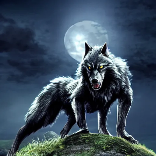 Image similar to werewolf, dramatic pose, full moon background, dramatic lighting, photorealistic uhd 8 k, award - winning videogame promotional art