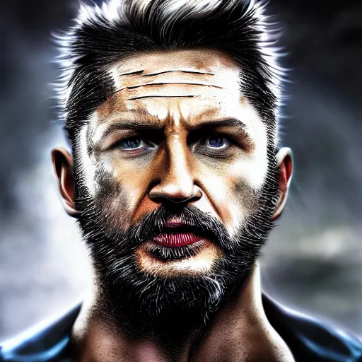 Image similar to Tom Hardy as wolverine in Black Damaged leather suit Digital art 4K quality Photorealism