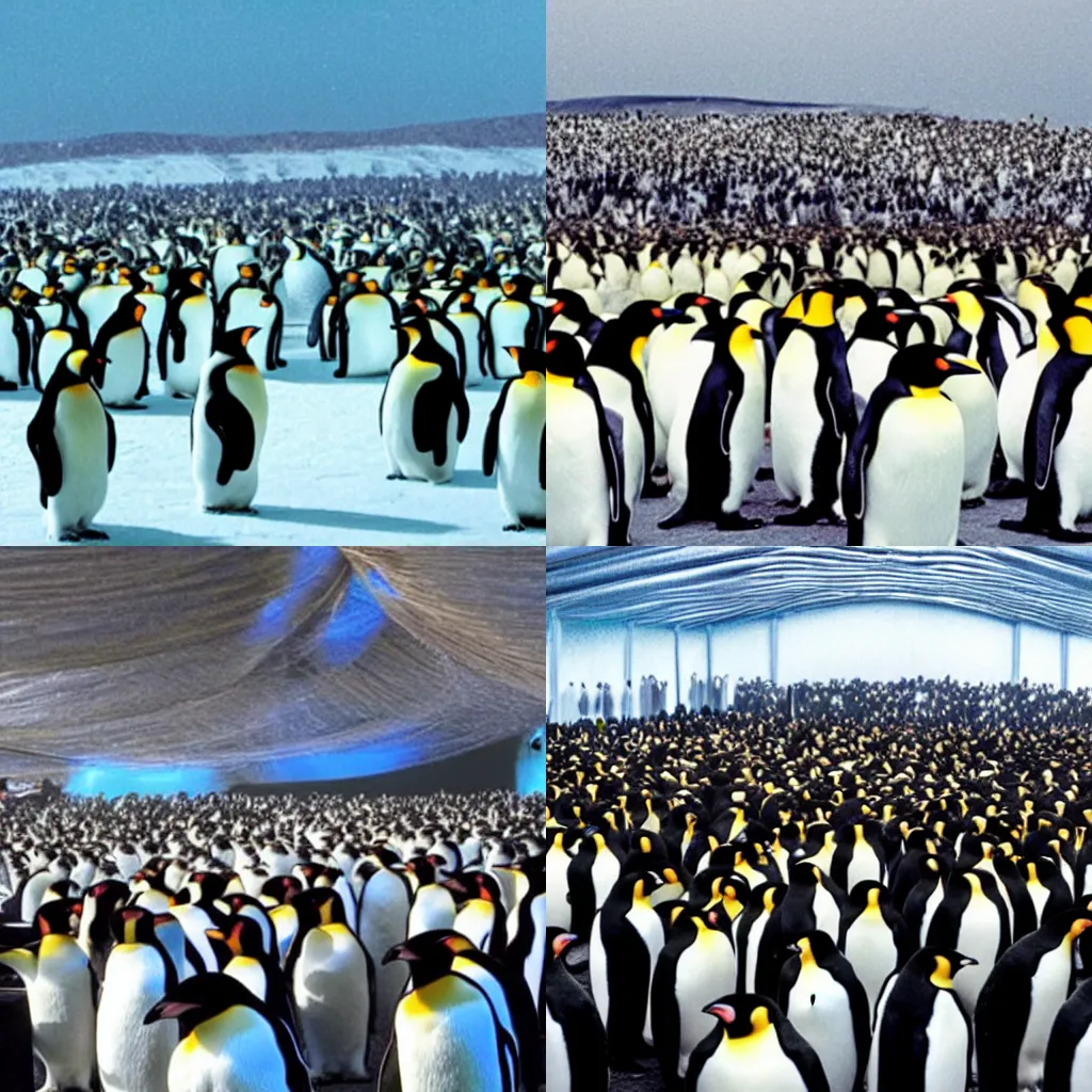 Prompt: emperor penguins at a rave, penguin DJ, amazing emperor penguin party