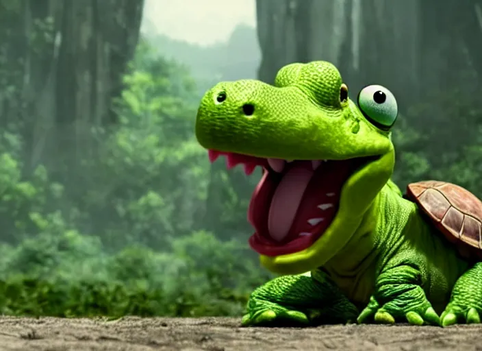 Image similar to film still of yoshi in the new sci - fi movie, cute upright dinosaur with a small turtle shell and long tongue, 8 k