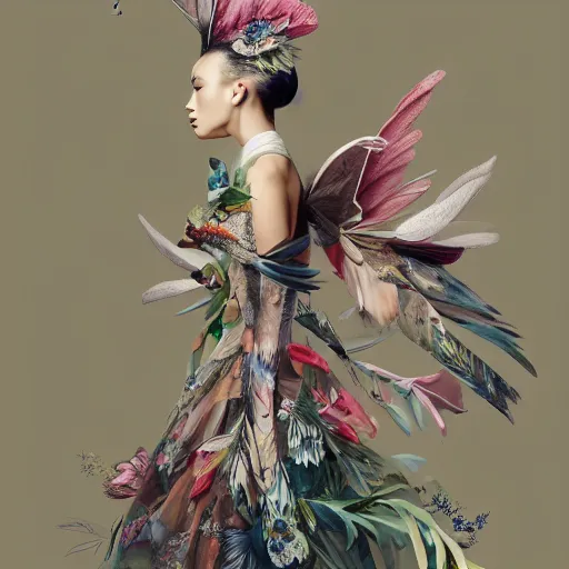 Prompt: 3 / 4 view of a beautiful girl wearing an origami dress, eye - level medium shot, fine floral ornaments in cloth and hair, hummingbirds, elegant, by eiko ishioka, givenchy, ambrosius boeschaert, by peter mohrbacher, centered, fresh colors, origami, fashion, detailed illustration, vogue, native american woman, reallusion character creator