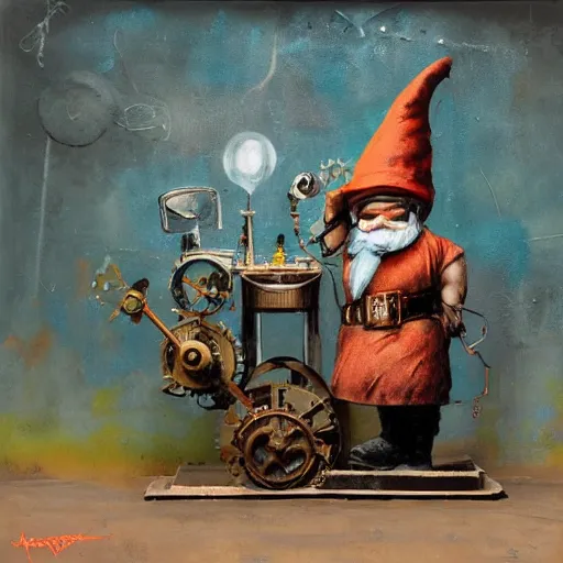 Image similar to Graffiti Spraypaint A gnome gnome riding a steampunk automaton clockwork golem golem by frank frazetta greg rutkowski alberto sughi elina brotherus peter doig robert rauschenberg mark ryden tombow