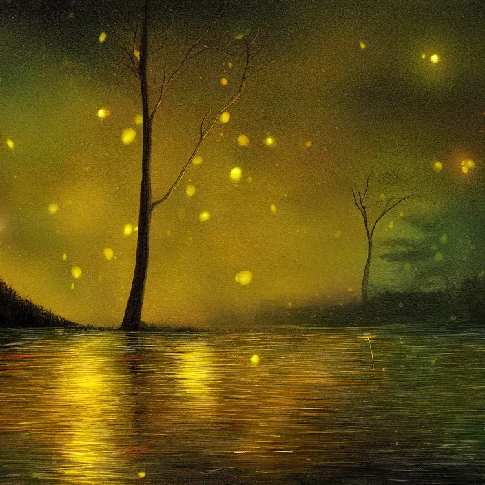 Image similar to lake trees night fireflies glowing above water digital painting concept art