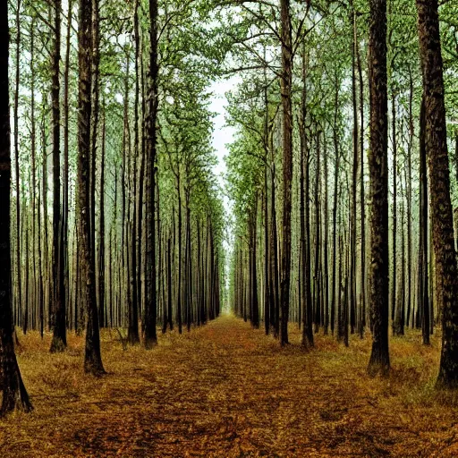 Image similar to endless forest of trees, highly detailed, ominous, vast