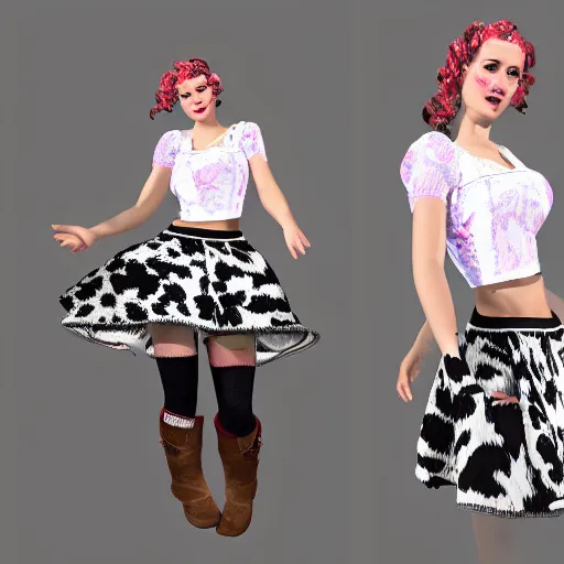 Prompt: A Marvelous Designer render of a cow costume with Holstein print fabric. Peasant top, skater skirt, white go-go boots with hooves.