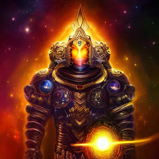 Image similar to photorealistic fantasy cosmic concept art of a cosmic god with armor made out of planets and dark matter, hovering in a unknown galaxy, fully body portrait, cinematic, dynamic lighting, ultra detailed, creative, trending on art station, stunning visuals, creative