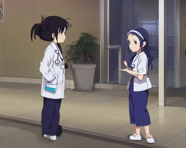 Image similar to a cute young female doctor wearing white coat are talking to a little girl with a blue shirt in a hospital, slice of life anime, vivid, anime scenery by Makoto shinkai