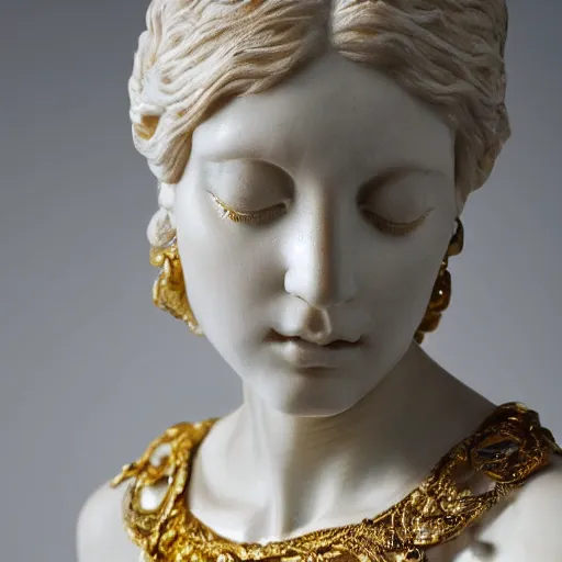 Image similar to close up of face of female fashion model, white marble by auguste rodin, gold plated, versace dress, highly detailed