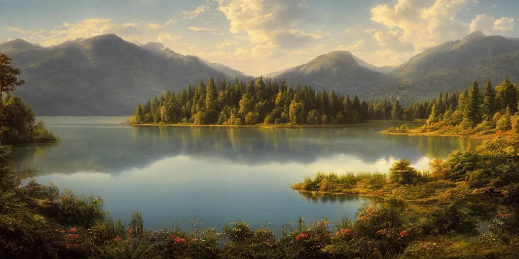 Image similar to a beautiful lake landscape in summer, by Ernest deutsch + Ted Nasmith, cinematic lighting, masterpiece, highly detailed, 8k resolution, trending on art station