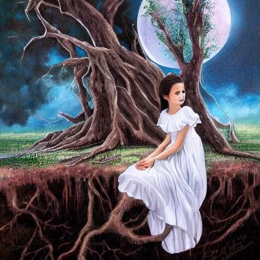 Image similar to a girl in a white dress looks up at the moon while sitting on the roots of an ancient tree next to a pond, the moon can be glimpsed, a towering forest surrounds the pond, high fantasy, dark fantasy, night time, ultra detailed, realistic painting