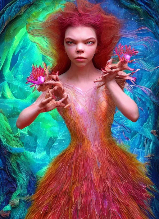 Image similar to hyper detailed 3d render like a Oil painting - very coherent Aurora profile (a beautiful fae princess protective playful expressive acrobatic from dark crystal that looks like Anya Taylor-Joy) seen red carpet photoshoot in UVIVF posing in scaly dress to Eat of the Strangling network of yellowcake aerochrome and milky Fruit and His delicate Hands hold of gossamer polyp blossoms bring iridescent fungal flowers whose spores black the foolish stars by Jacek Yerka, Ilya Kuvshinov, Mariusz Lewandowski, Houdini algorithmic generative render, golen ratio, Abstract brush strokes, Masterpiece, Victor Nizovtsev and James Gilleard, Zdzislaw Beksinski, Mark Ryden, Wolfgang Lettl, hints of Yayoi Kasuma and Dr. Seuss, Grant Wood, octane render, 8k