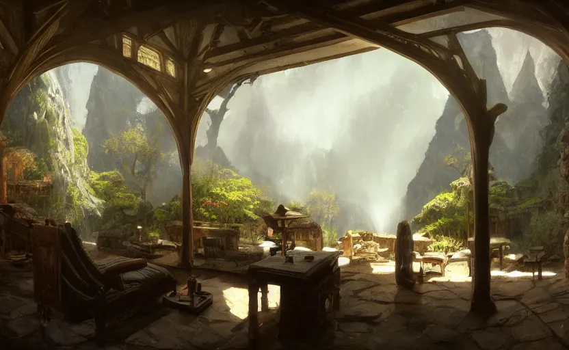 Prompt: painting of a series of opposing living quarters overlooking a greatroom carved inside a mountain, lush garden with hot spring between, cozy bed, well maintained, clean, medieval, fantasy genre, natural light, fantasy, natural light, concept art, by greg rutkowski and craig mullins, cozy atmospheric and cinematic lighting, trending on artstation