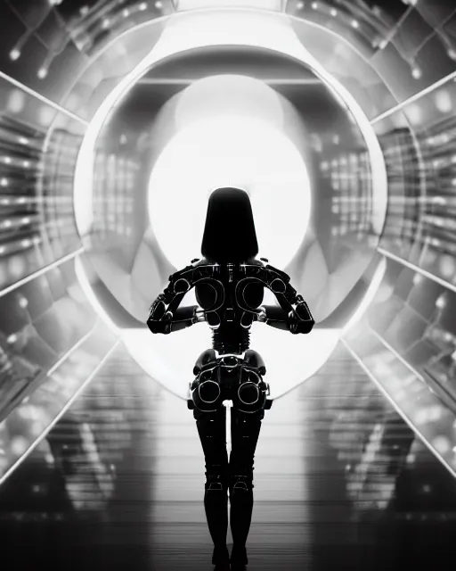 Image similar to black and white high quality photo of a beautiful futuristic female posthuman-cyborg looking into a sci-fi mirror, volumetric lighting, liminal space, brutalism, foggy, dreamy, hyperdetailed, bokeh, photorealistic, cinematic, masterpiece, Metropolis, elegant, dark, octane render, 8K, in the style of Dora Maar and Man Ray