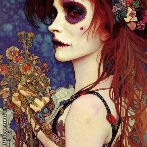 Image similar to realistic detailed painting of a cute punk Día de los Muertos girl by Alphonse Mucha Egon Schiele Ayami Kojima Amano Charlie Bowater, masterpiece