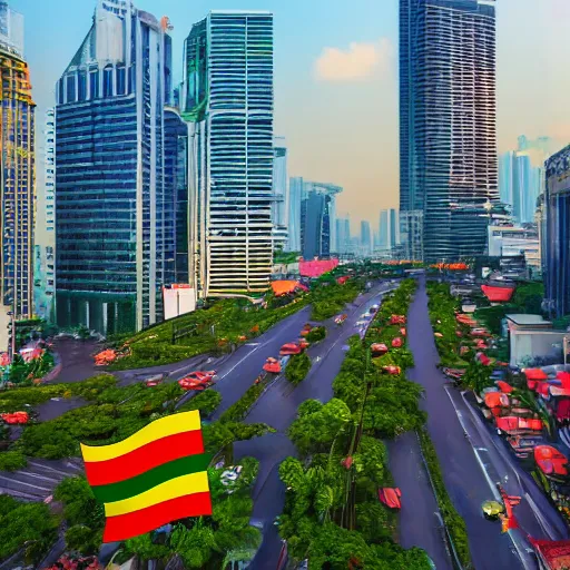 Image similar to Saigon Cityscape. Vietnam colorscheme. Vietnam flag. Clean and simple. Trending on Artstation. 8k resolution.
