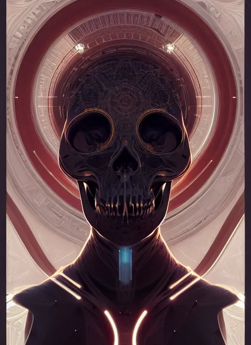 Image similar to symmetry!! portrait of skull, sci - fi, intricate, elegant, highly detailed, digital painting, artstation, concept art, smooth, sharp focus, illustration, art by artgerm and greg rutkowski and alphonse mucha, 8 k