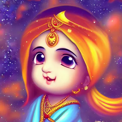 Image similar to baby krishna cute ,chibi style, foggy, clouds ,clear face , golden ratio, rule of thirds, magical effect ,artstation, galaxy