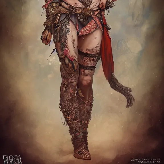 Prompt: Rebeca Ferguson as a female warrior, body covered in floral tattoos, D&D, fantasy, highly detailed, digital art, trending on artstation, smooth, sharp focus, illustration, art by Peter Tang and artgem