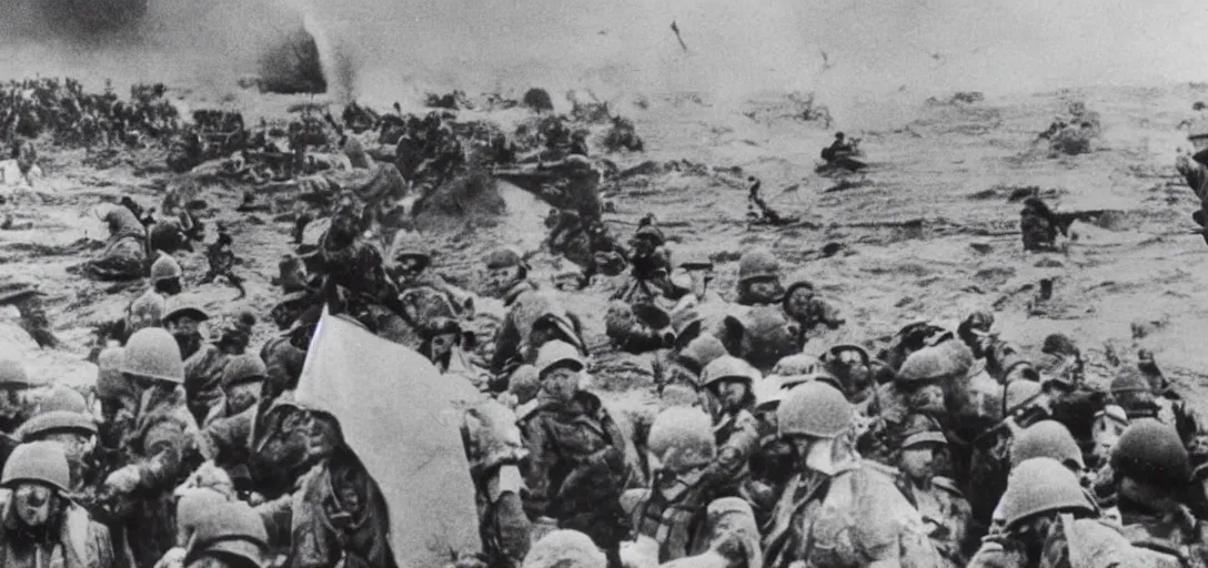 Image similar to the pope storming omaha beach during ww ii