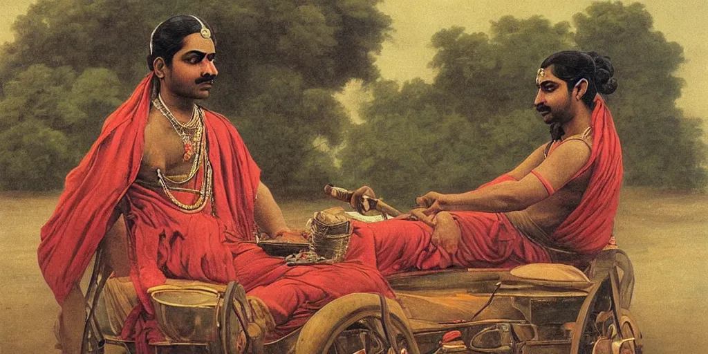 Image similar to man driving a car in the style of raja ravi varma, ultra detailed, high detail, realism,