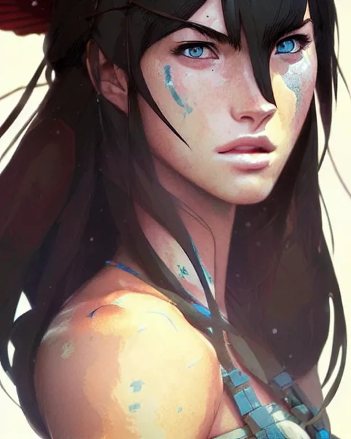 Image similar to azctec warrior, megan fox, detailed perfect face, exquisite details, fire magic, by studio muti, greg rutkowski makoto shinkai takashi takeuchi studio ghibli