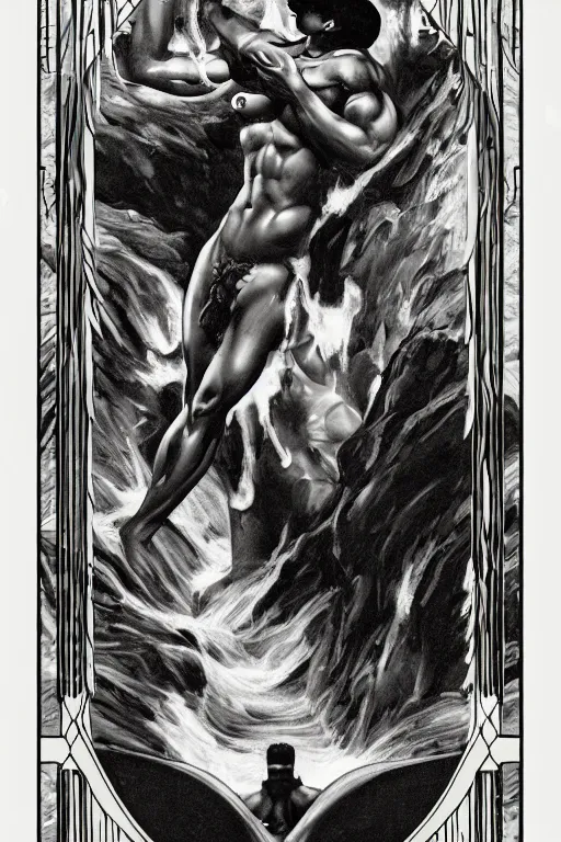 Prompt: a beautiful symmetrical tarot! card of a beefy shirtless handsome black cowboy in front of a torrential flooding river, homoerotic, white water rapids, art deco!, art nouveau, by Mark Maggiori, trending on artstation