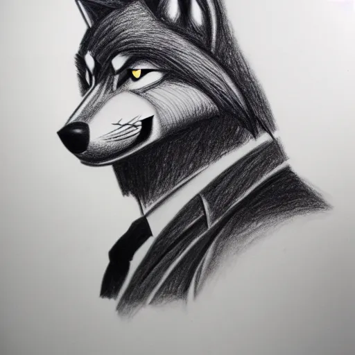 Image similar to portrait of anthropomorphic wolf in suit by tom finland, pencil drawing