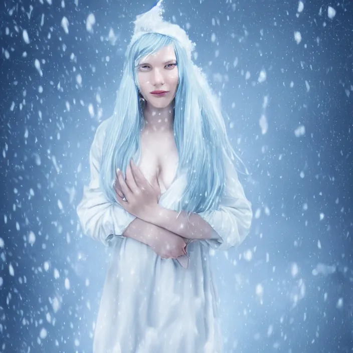 Prompt: full body portrait of a woman with pale blue hair wearing a covering white dress made out of snowflake in the middle of a heavy snowstorm. pale, sickly looking. digital art by maromi sagi