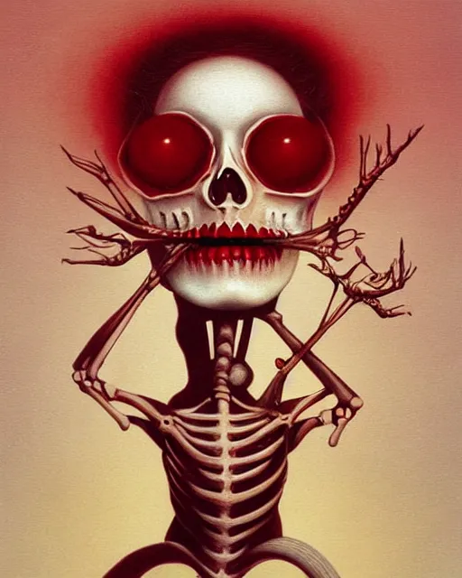 Image similar to a surrealistic head and shoulder painting of a gorgeous female skeleton with eyeballs and red lipstick, in the style of rene magritte and zdzislaw beksinski and mark ryden, digital art, detailed masterpiece