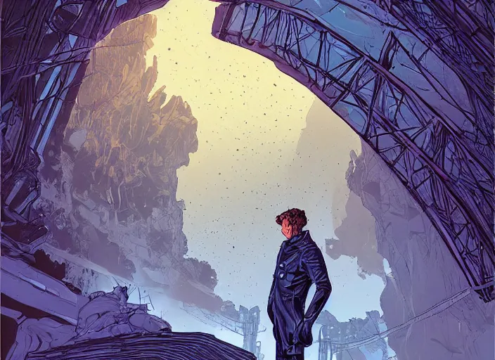 Prompt: comic book art of a [ man ] in trenchcoat with ( glowing ) [ gloves ] and [ boots ] crossing a [ old ] bridge in a [ jungle ] looking up at a [ mountain ] made of crystalized rock, a [ glowing tower ] extends into the sky, low angle, artstation illustration, elegant, arcane by tim doyle