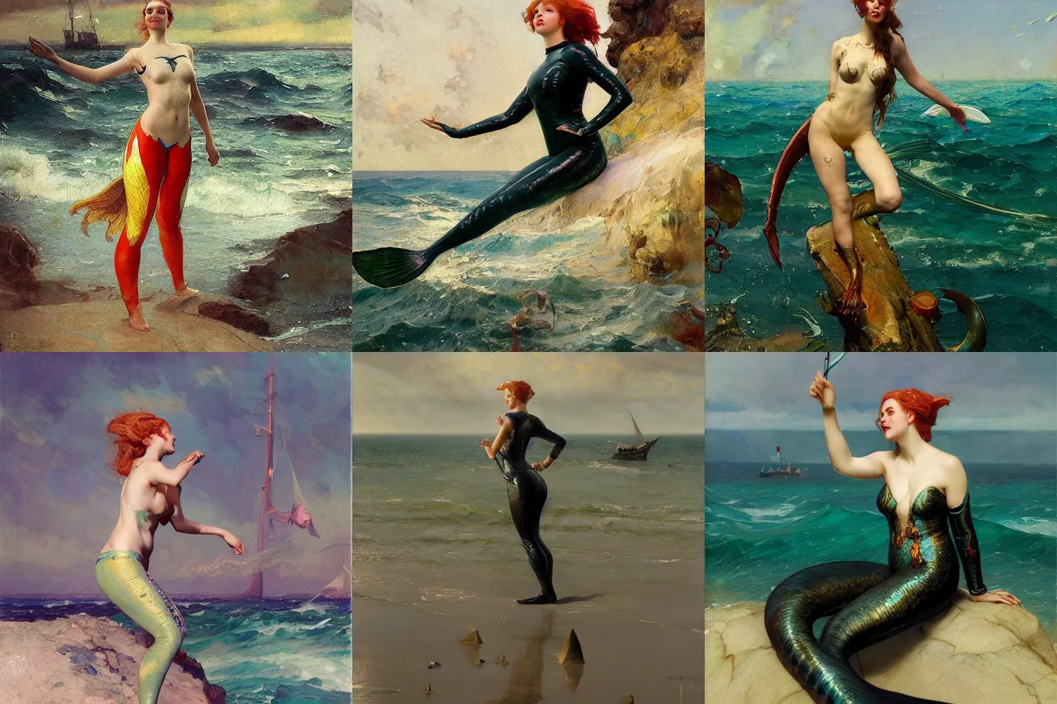 Prompt: a mermaid siren princess dressed in a wetsuit calling out towards sailors on a distant ship. Masterpiece. By Ruan Jia and Ilya Repin and JC Leyendecker