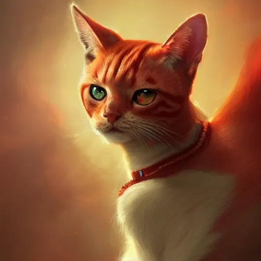 Prompt: portrait of a beautiful red cat celestial background,, fantasy, highly detailed, cinematic lighting, digital art painting by artgem and greg rutkowsk, trending on artstation, very very beautiful, very attractive, high fantasy