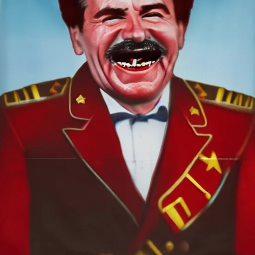 Image similar to hyper realist photograph of staline smiling and biting his lip seductively with the ussr flag behind him, close up, face picture, 4 k, very detailed
