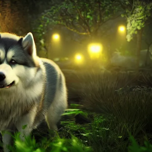 Prompt: flower alaskan malamute playing in a bioluminescent forest at dusk, octane render, unreal engine, colorful, beautiful