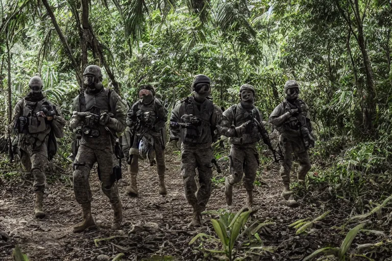 Image similar to Mercenary Special Forces soldiers in grey uniforms with black armored vest in a battlefield in the jungles 2022, Canon EOS R3, f/1.4, ISO 200, 1/160s, 8K, RAW, unedited, symmetrical balance, in-frame, combat photography