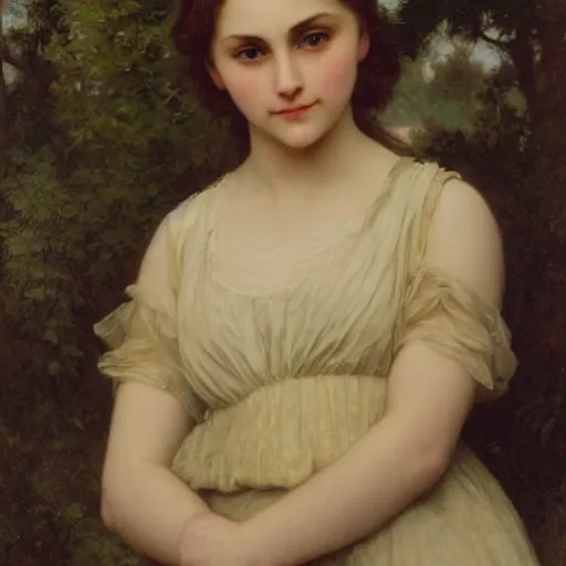 Prompt: portrait of annasophia robb head and shoulders, bowl haircut, bouguereau