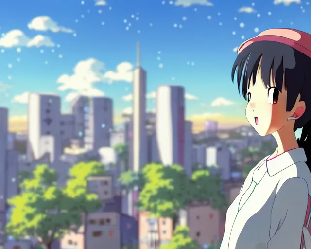 Image similar to anime fine details portrait of joyful school girl hugging big robot, city landscape on the background deep bokeh, profile close-up view, anime masterpiece by Studio Ghibli. 8k, sharp high quality anime