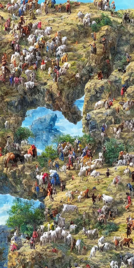 Image similar to a herd of goats climbing a citadel!, colorful, beautiful, highly detailed