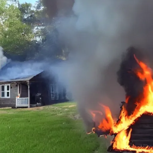 Image similar to found footage of an alligator living in a cottage on fire