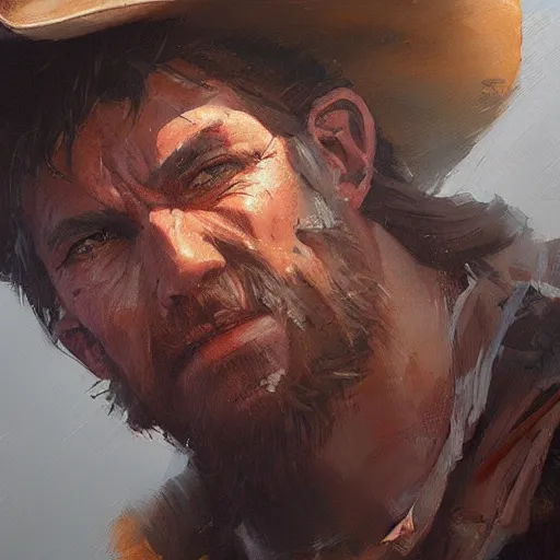 Prompt: a closeup painting of a cowboy saying saying no and making a disgusted face by greg rutkowski, trending on artstation