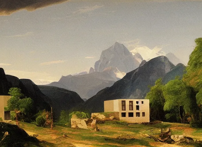 Prompt: painting of a corbusier house in in front of beautiful mountains by thomas cole