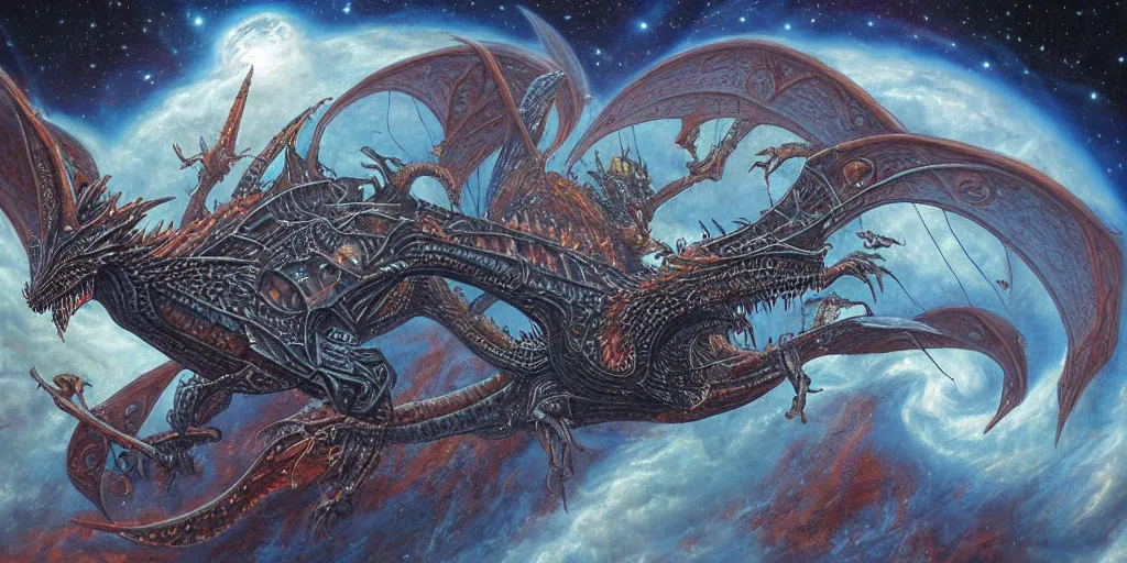 Image similar to an alien dragon flying through outer space by dan seagrave art