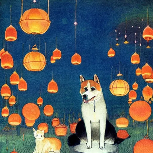 Image similar to portrait of a sitting red akita inu dog in a moonlit garden surrounded by floating lanterns, by warwick goble and kay nielsen