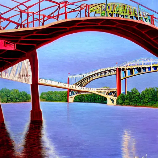 Image similar to chattanooga tennessee pic of walnut street bridge painting in style of herb ryman